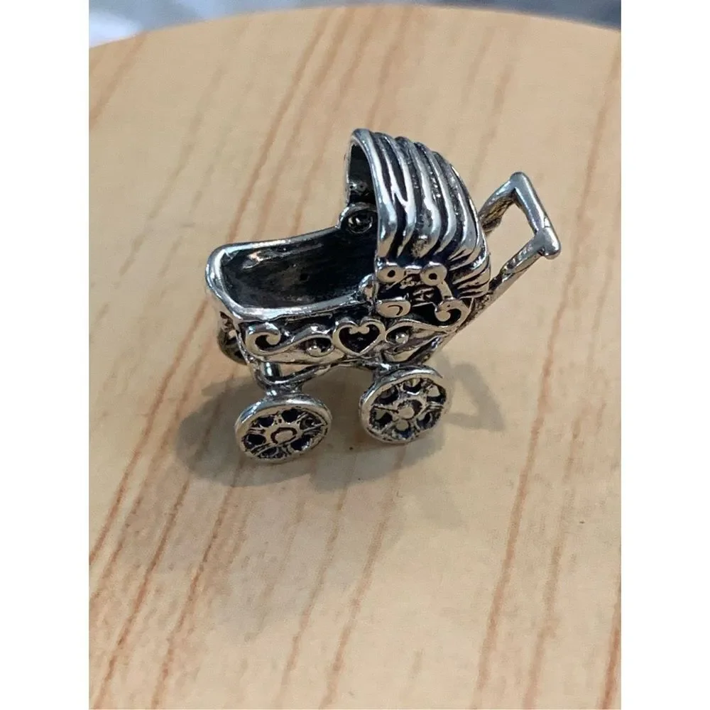 .925 Vintage Baby Carriage Moveable Sterling Silver Jewelry Charm